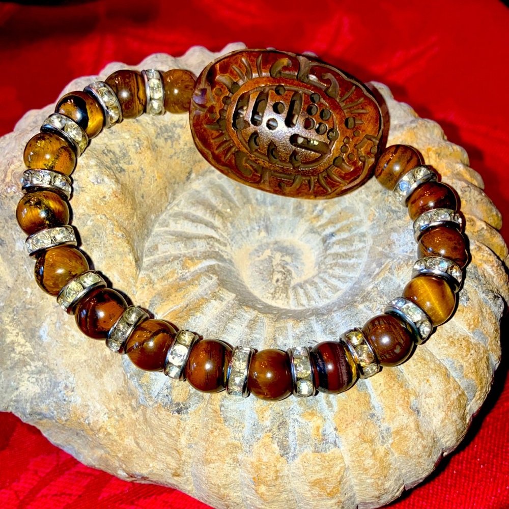 Tiger’s Eye Beads & Intricately Carved Almond Seed